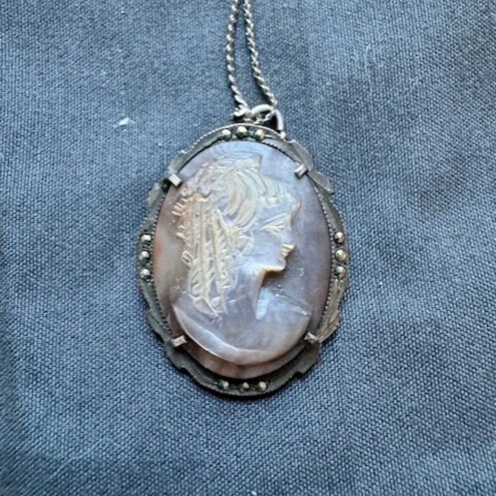 Right Facing Vintage Cameo Pendant Hand Carved Shell Relief Silver w 800 Etched